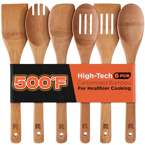 Smart Home Riveira Dark Bamboo Wooden Spoons for Cooking 6-Piece, Apartment Essentials Kit